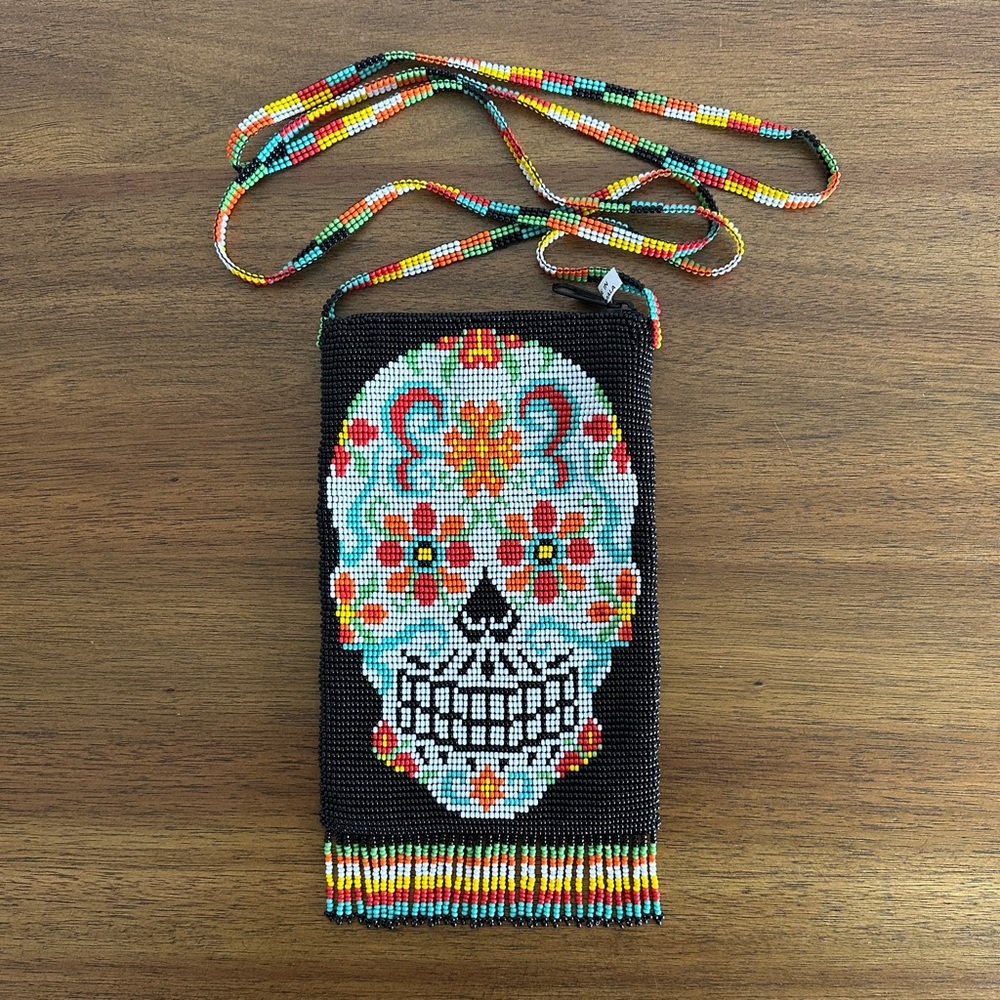 Colorful Hand Beaded Sugar Skull Crossbody Bag Purse